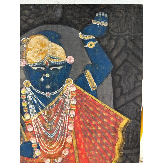 Early 20th Century India Pichhavai Shrinathji Pichhwai Krishna Vishnu Painting Antique Indigo Natural Pigments For Sale - Image 9 of 13