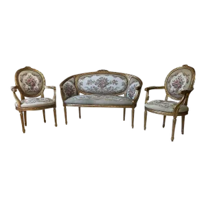 20th Century French Louis XVI Style Giltwood Carved Needlepoint Seat Settee Loveseat Canape and a Pair Armchairs