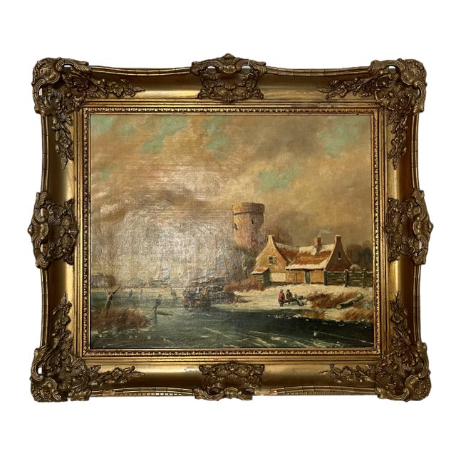 19th C. Dutch School Windmill Painting in Ornate Gilt Frame, Signed For Sale - Image 10 of 12