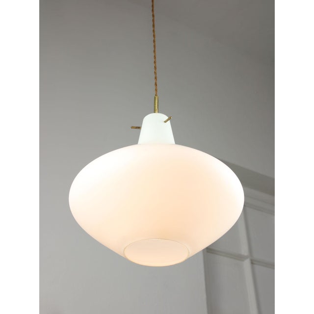 Metal Mid-Century Italian Brass and Opaline Glass Pendant Lamp For Sale - Image 7 of 15