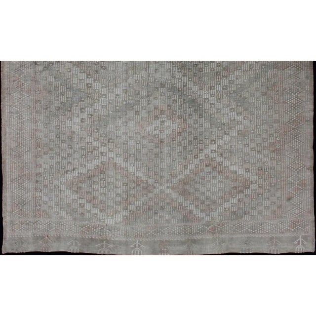 Tribal Vintage Turkish Embroidered Rug With Geometric Diamond Design in Neutral Tones For Sale - Image 3 of 13