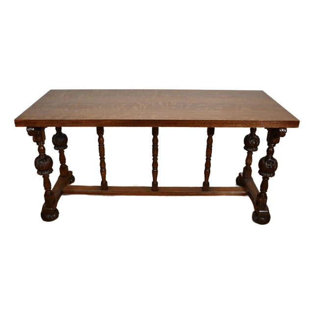 1900s Antique Tiger Oak Jacobean Style Console Table, Library Table, Desk For Sale