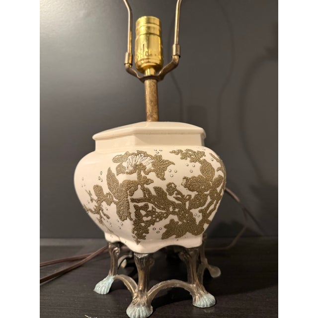 Chinoiserie Ceramic & Brass Lamp with Five-Sided Design and Raised Floral Motif