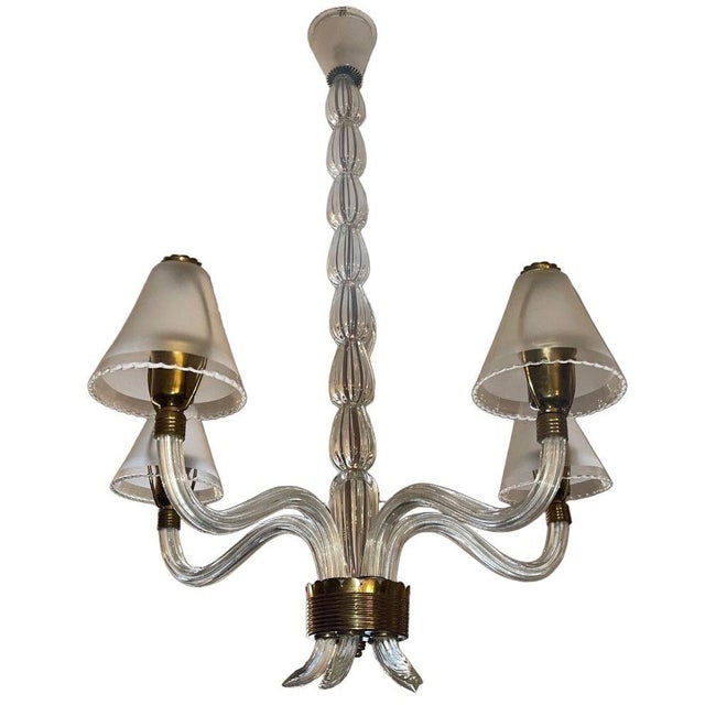Ercole Barovier Ercole Barovier Murano Glass Five-Arm Chandelier W Frosted Shades. Italy, 1940's For Sale - Image 4 of 7