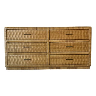 Vintage Coastal Wrapped Rattan Six-Drawer Dresser With Brass Handles For Sale