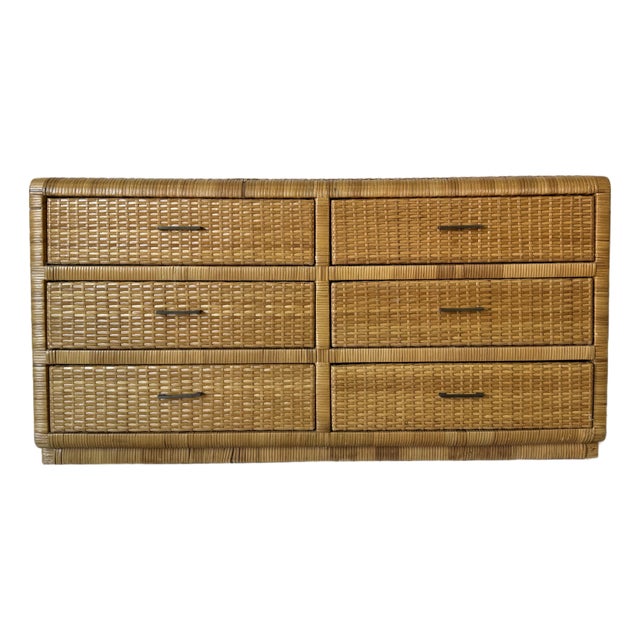 Vintage Coastal Wrapped Rattan Six-Drawer Dresser With Brass Handles For Sale