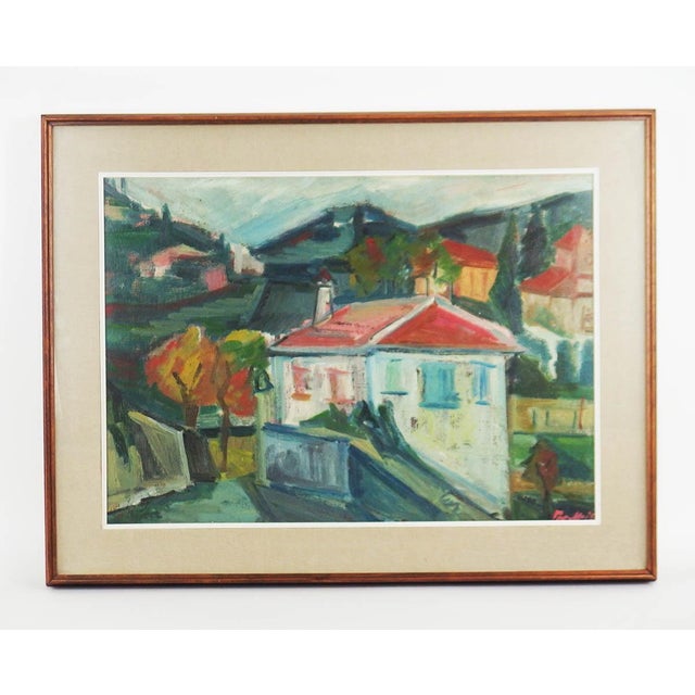Oil on canvas depicting an urban landscape of Bergamo, Italy, signed Pasotti, date not visible. Italy, circa 1950. Label...
