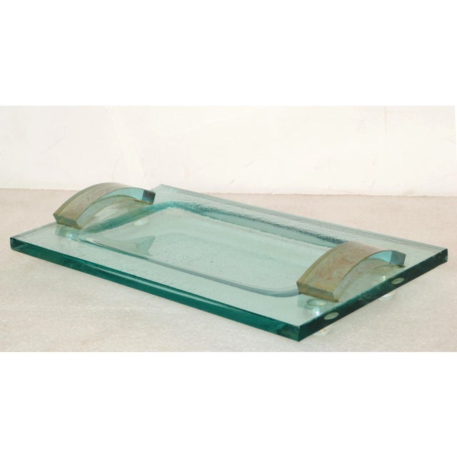Light Green Fontana Arte Glass Beveled & Gold Infused Rectangle Footed Serving Tray Italy For Sale - Image 8 of 13