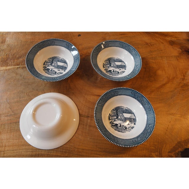 1950s 1950s Currier & Ives by Royal China Vintage Blue & White Transferware Bowls - Set of 4 For Sale - Image 5 of 6