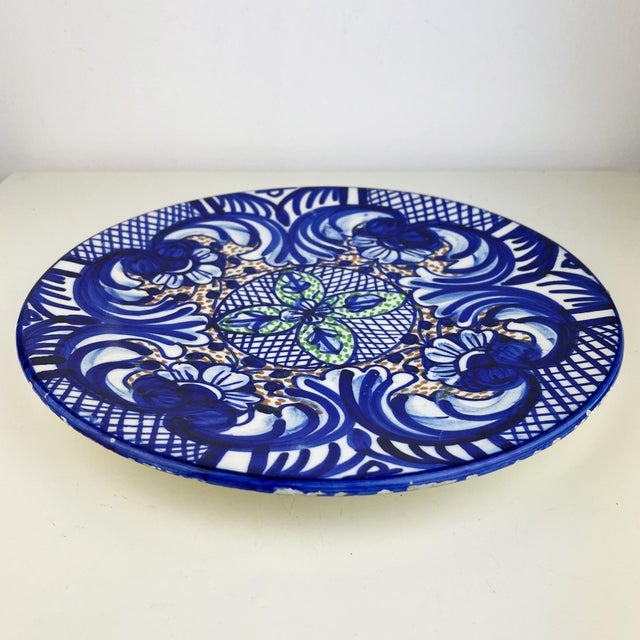 Ceramic Large Spanish Handpainted Blue Ceramic Plate, 1950s For Sale - Image 7 of 11