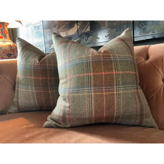 Lee Jofa A Pair of 22” Down Filled Pillows in g.p. And J. Baker Mullberry Plaid Wool in Lovat Colorway For Sale - Image 4 of 4