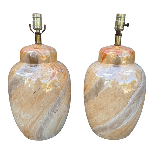 Vintage "Marble" Translucent Glazed Porcelain Table Lamps - Set of 2 Italy For Sale