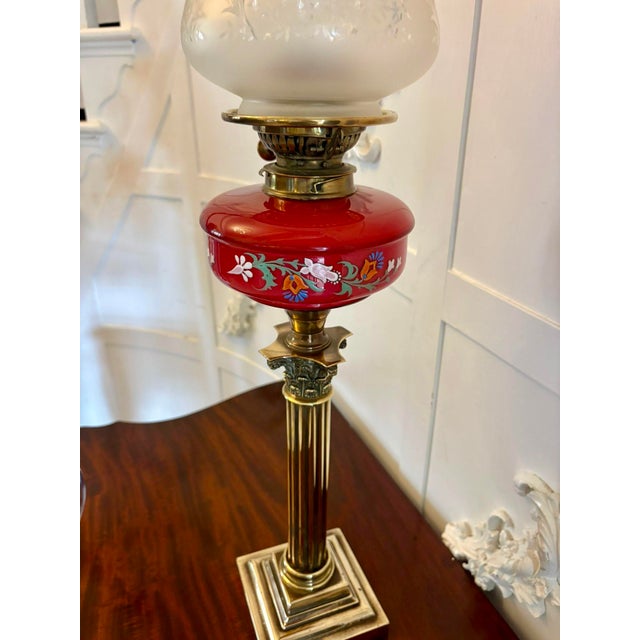 Antique Victorian Brass Oil Lamp with Cranberry Glass Font and Corinthian Column, 1860 For Sale - Image 4 of 8