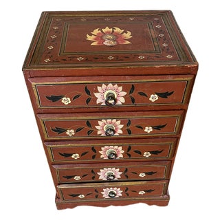 Late 20th Century Shabby Chic Orange Rust Flower Painted 5 Drawer Nightstand Chest of Drawers For Sale