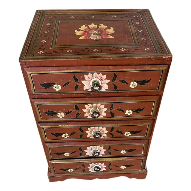 Late 20th Century Shabby Chic Orange Rust Flower Painted 5 Drawer Nightstand Chest of Drawers For Sale
