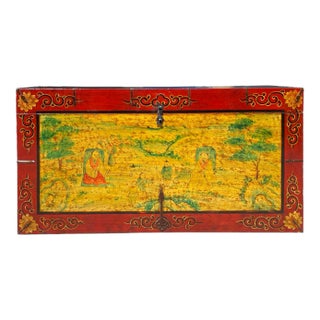1990s Chinese Tibetan Yellow Buddhism Meditation Graphic Wood Trunk Table For Sale