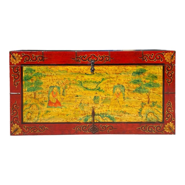 Chinese Tibetan Yellow Buddhism Meditation Graphic Wood Trunk Table For Sale