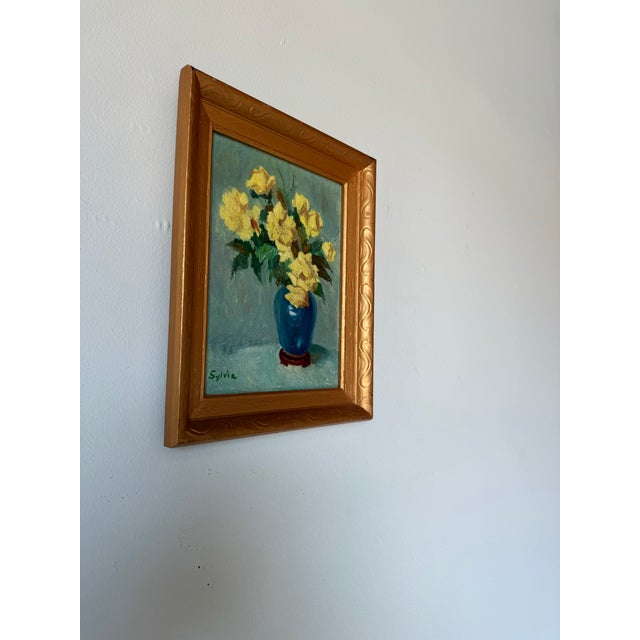 Charming Vintage impressionist abstract still life oil painting on artistic canvas board of a bouquet of yellow flowers in...
