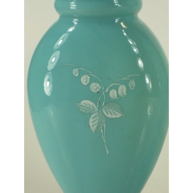 Mid 19th Century Vases Victorian Mantel 3-Pc. Set Bristol Glass Blue Opalescent Hand-Painted Floral Enamel For Sale - Image 12 of 12