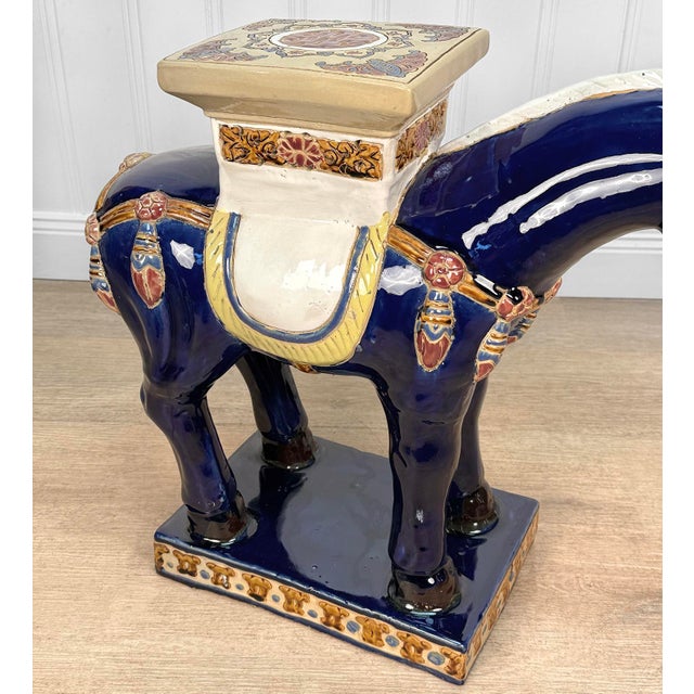 Ceramic Vintage Chinese Chinoiserie 24" Blue Tang Horse Plant Stand For Sale - Image 7 of 10