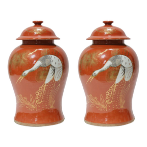 Pair of Chinese Late 19th - Early 20th Century Jingdezhen Kiln Coral-Red and Gilt “Pine and Crane for Longevity” Covered Jar
