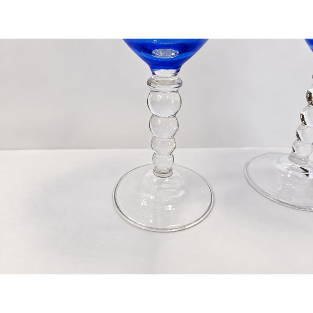 Vintage Blue Crystal Wine Glasses, 1970s, Set of 7 For Sale - Image 4 of 5