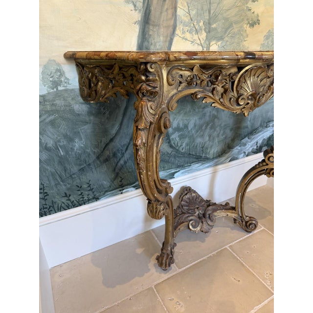 19th Century Italian Rococo Style Giltwood Console Table With Rosso Verona Marble Top For Sale - Image 4 of 4