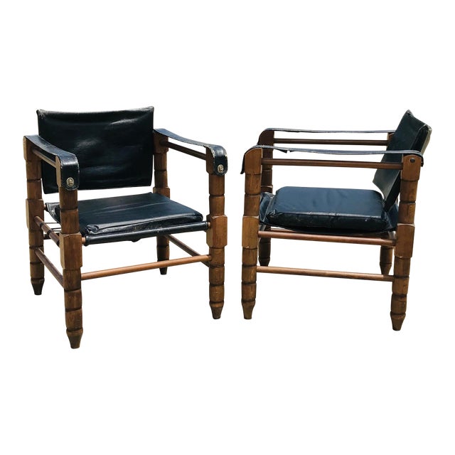 Black Leather Safari Chairs A Pair Chairish