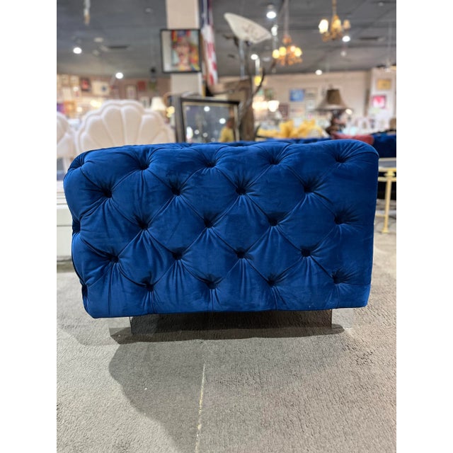 Contemporary Royal Blue Tufted Fabric Sofa For Sale - Image 3 of 6