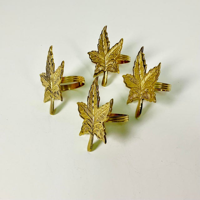 1980s Vintage Boho Chic Adirondack Arts & Crafts Rustic Brass Maple Leaf Napkin Rings - Set of 4 For Sale - Image 10 of 16