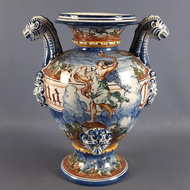 Large Vintage Historiated Polychrome Majolica Vase with Zoomorphic Handles from Albissola, 20th Century For Sale - Image 14 of 14