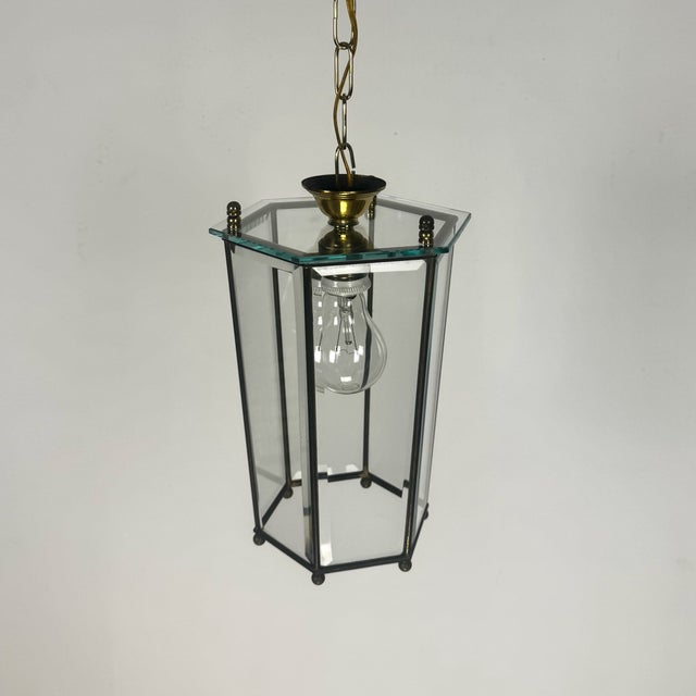 1960s Mid-Century Brass and Beveled Glass Lantern Pendant Light in the style of Adolf Loos, Italy, 1970s For Sale - Image 5 of 9