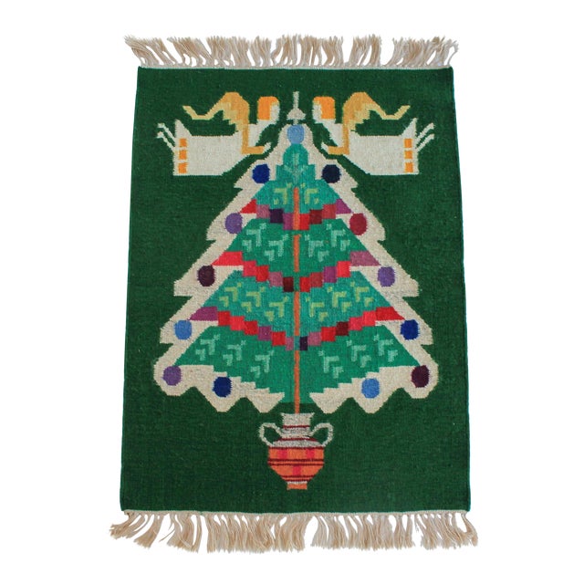 Vintage Handwoven Kilim Wool Christmas Tree W/ Angels Tapestry For Sale
