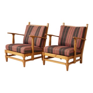 Gunnar Göpert Swedish Pine Armchairs With Striped Cushions, 1940s/50s, a Pair For Sale