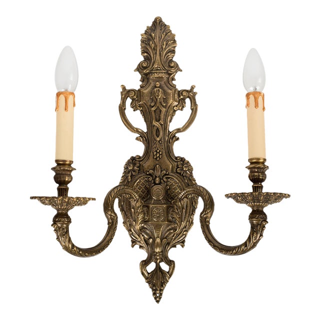 1950s Spanish Rococo Chased Brass 2-Light Wall Sconce For Sale