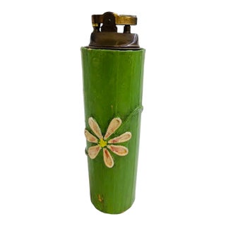 Vintage Bamboo Paper Mâché Table Lighter – Mid-Century Modern Tiki Barware With Hand-Painted Floral Design For Sale