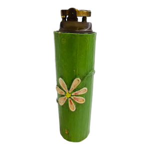 Vintage Bamboo Paper Mâché Table Lighter – Mid-Century Modern Tiki Barware With Hand-Painted Floral Design