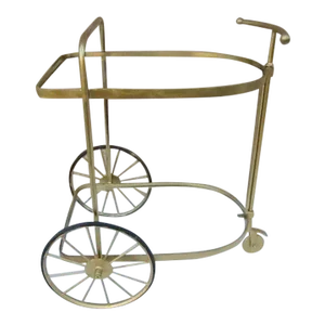 1960s Vintage Brass Bar Cart Glass Trolly on Wheels Mid-Century Modern Barware Dining Serving