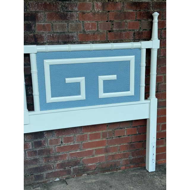 Mid 20th Century Chic Vintage Palm Beach Regency Faux Bamboo King Size Headboard With Greek Key Motif - Newly Painted French Blue and White For Sale - Image 5 of 11