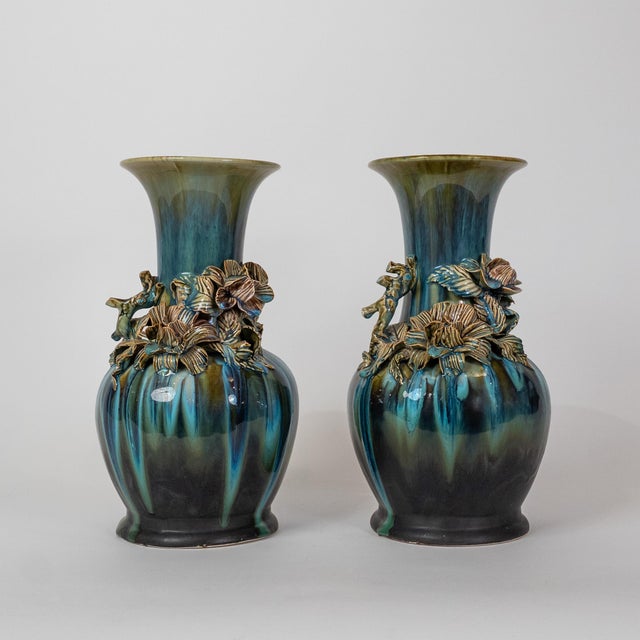 Mid-Century Modern Pair of Indonesian Sculptural Ceramic Vases With Applied Floral Decoration For Sale - Image 3 of 10