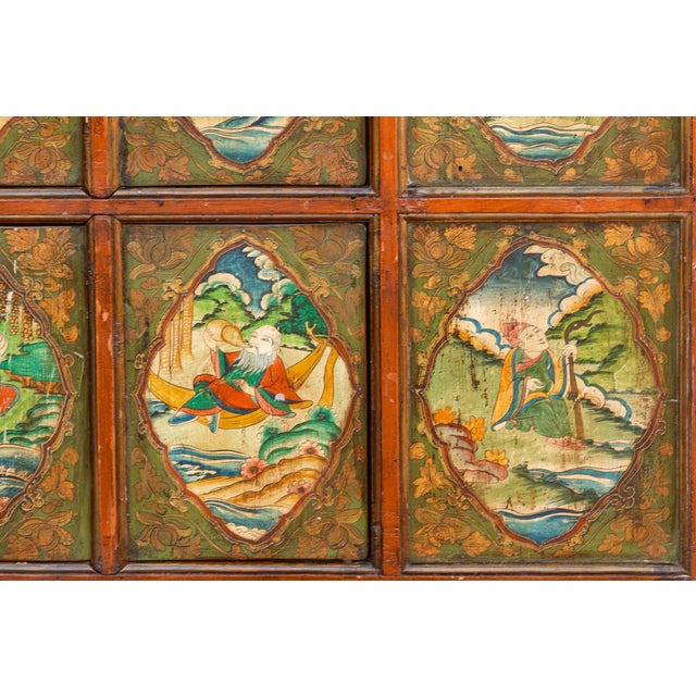 19th Century Early 19th Century Tibetan Green & Orange Painted Cabinet For Sale - Image 5 of 12