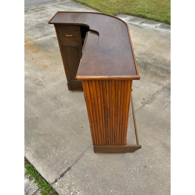 Vintage Wood and Bamboo Tiki Dry Bar Set + Four Matching Swivel Bamboo Stools For Sale - Image 12 of 12