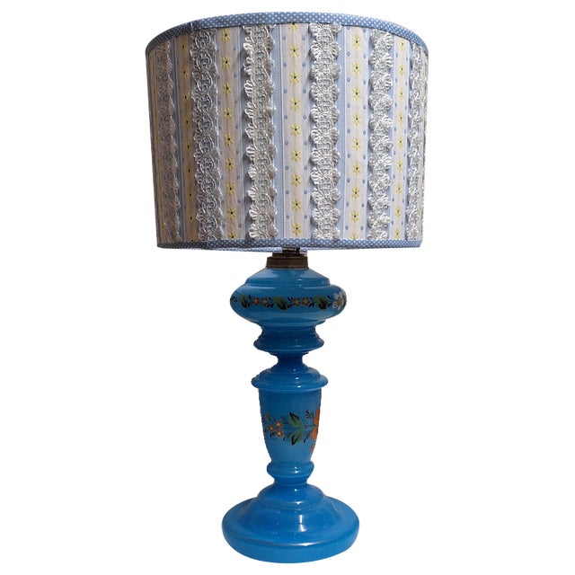 Art Nouveau German Table Lamp with Profiled Blue Glass Shade with Floral Decoration and a Handmade Fabric Shade from Lamplove, 1890s For Sale