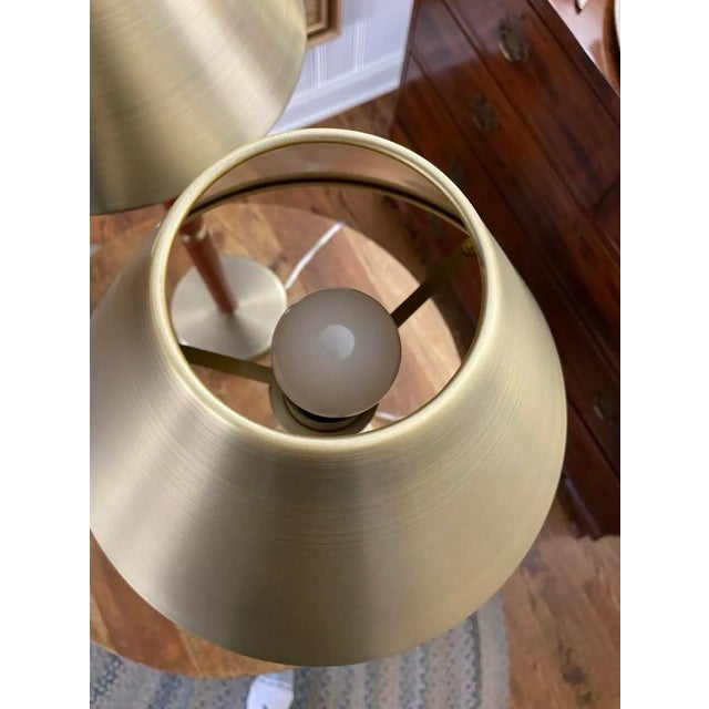 Lauren Ralph Lauren Vintage Ralph Lauren Organic Modern 36” Tall Buffet Lamps Leather-Wrapped With Brushed Brass/Gold Fixtures and Metal Shades - a Pair For Sale - Image 4 of 7