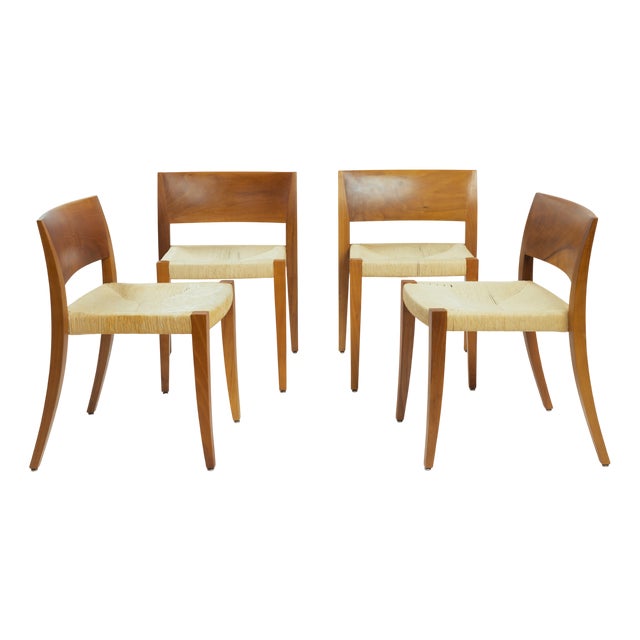 Stackable Walnut Wood and Papercord Diningchairs from Molteni & Co., Stackable, Italy 1990s, Set of 4 For Sale