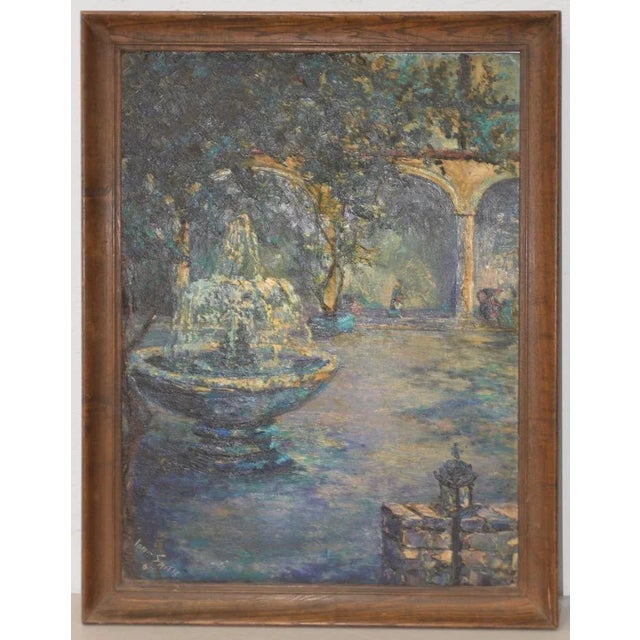 Mid Century Illuminated Fountain at Dusk Oil Painting by Ione Smith C.1967 For Sale - Image 9 of 9