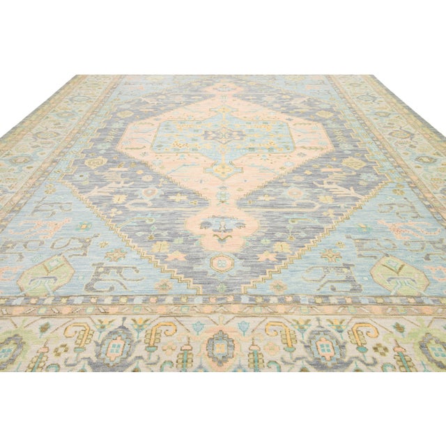 Textile Modern Handmade Oushak Style Wool Rug in Peach and Blue With Medallion Design For Sale - Image 7 of 9
