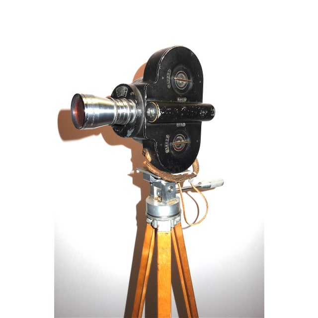 Art Deco Early 20th Century Hollywood Movie Camera With Head and Wood Tripod Legs For Sale - Image 3 of 7