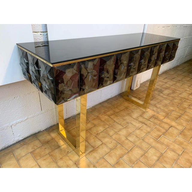 Contemporary Italian Murano Glass and Brass Console For Sale - Image 9 of 11