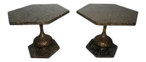 Tony Duquette Style Hollywood Regency Octagonal Brass and Marble Low End Tables - a Pair